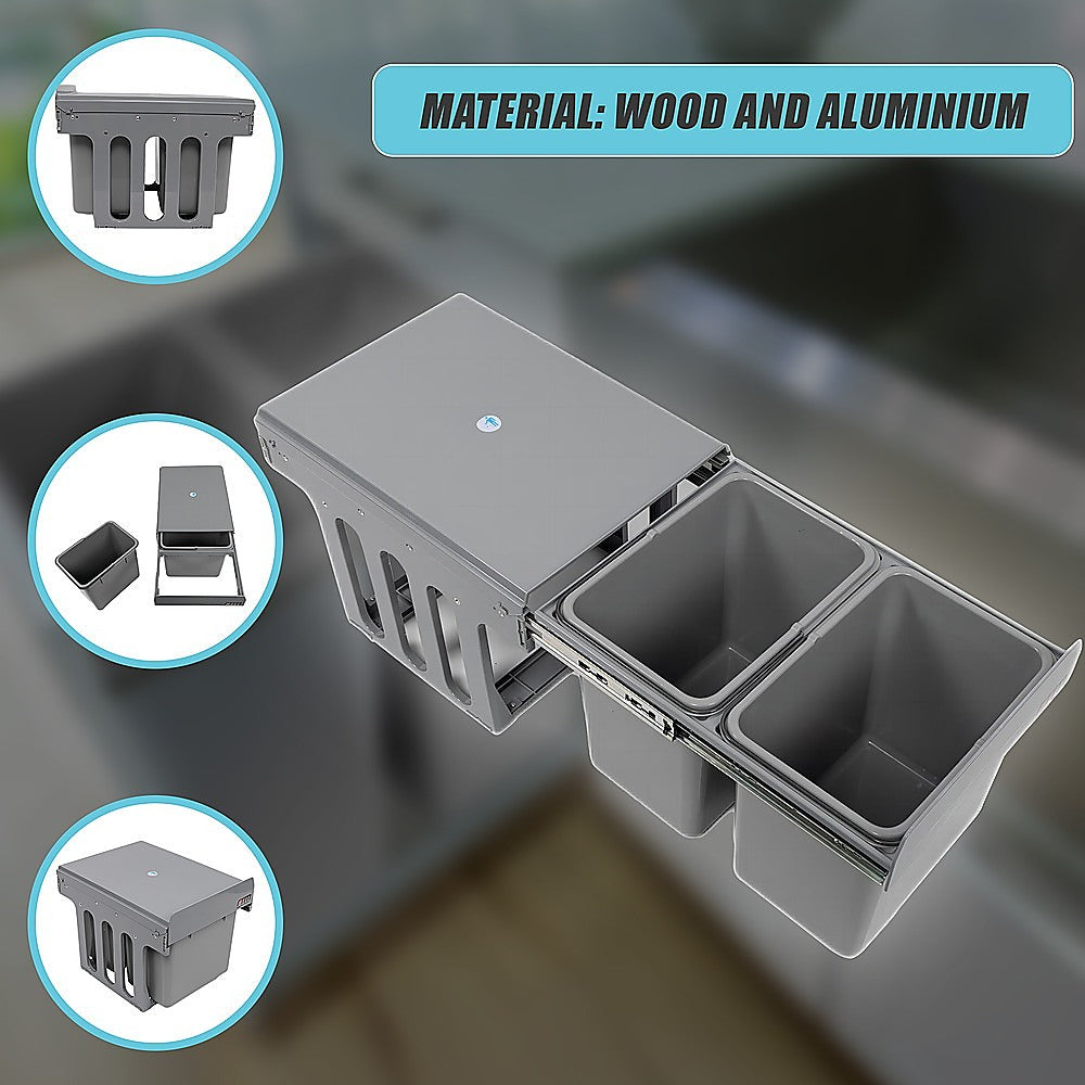 2x 15L Pull-Out Trash Bin | Dual Kitchen Garbage Waste Basket | Cabinet Bin