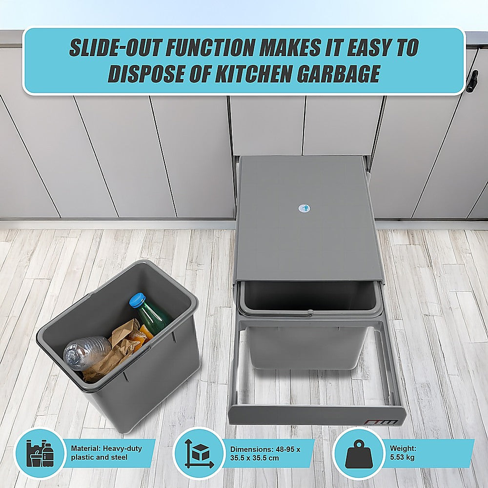 2x 15L Pull-Out Trash Bin | Dual Kitchen Garbage Waste Basket | Cabinet Bin