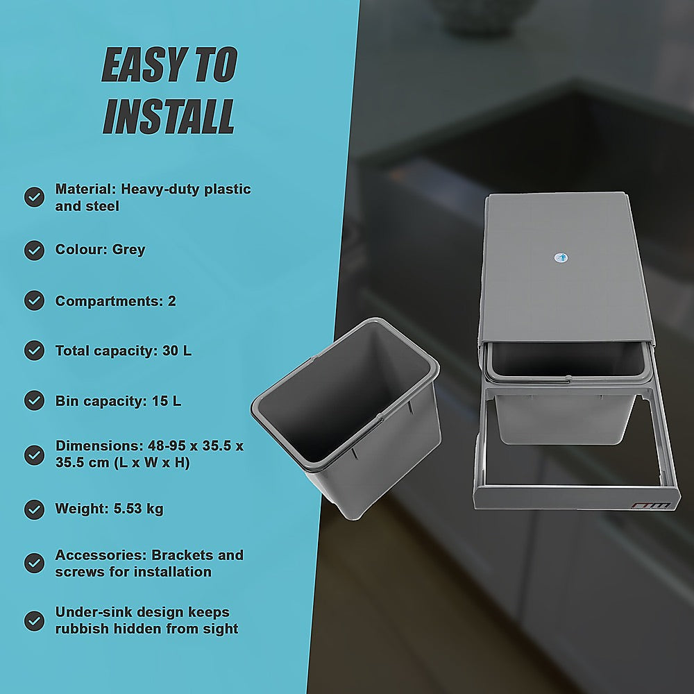 2x 15L Pull-Out Trash Bin | Dual Kitchen Garbage Waste Basket | Cabinet Bin