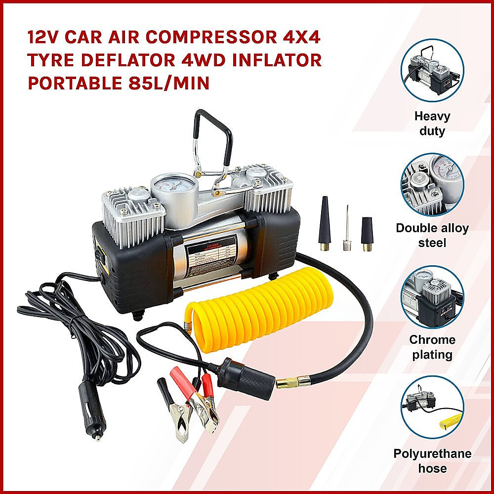 12V Car Air Compressor | 4x4 Tyre Inflator | 85L/min Portable Deflator for Off-Road