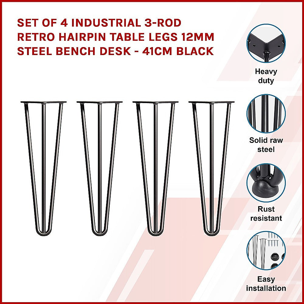 Set of 4 Industrial 3-Rod Retro Hairpin Table Legs | 12mm Steel Bench Desk | 41cm | Black