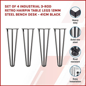 Set of 4 Industrial 3-Rod Retro Hairpin Table Legs | 12mm Steel Bench Desk | 41cm | Black