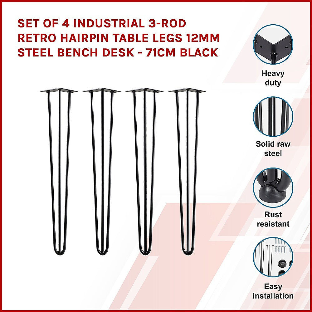Set of 4 Industrial 3-Rod Retro Hairpin Table Legs | 12mm Steel Bench Desk | 71cm | Black