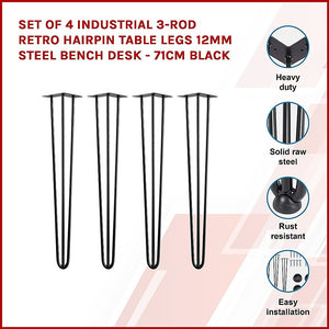 Set of 4 Industrial 3-Rod Retro Hairpin Table Legs | 12mm Steel Bench Desk | 71cm | Black