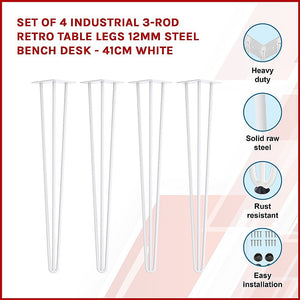 Set of 4 Industrial 3-Rod Retro Table Legs | 12mm Steel Bench Desk | 41cm | White