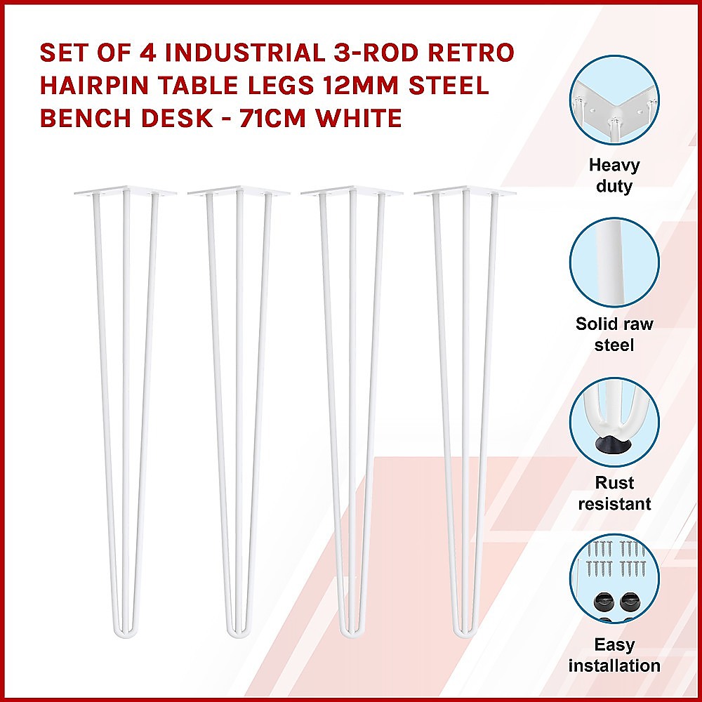 Set of 4 Industrial 3-Rod Retro Hairpin Table Legs | 12mm Steel Bench Desk | 71cm | White