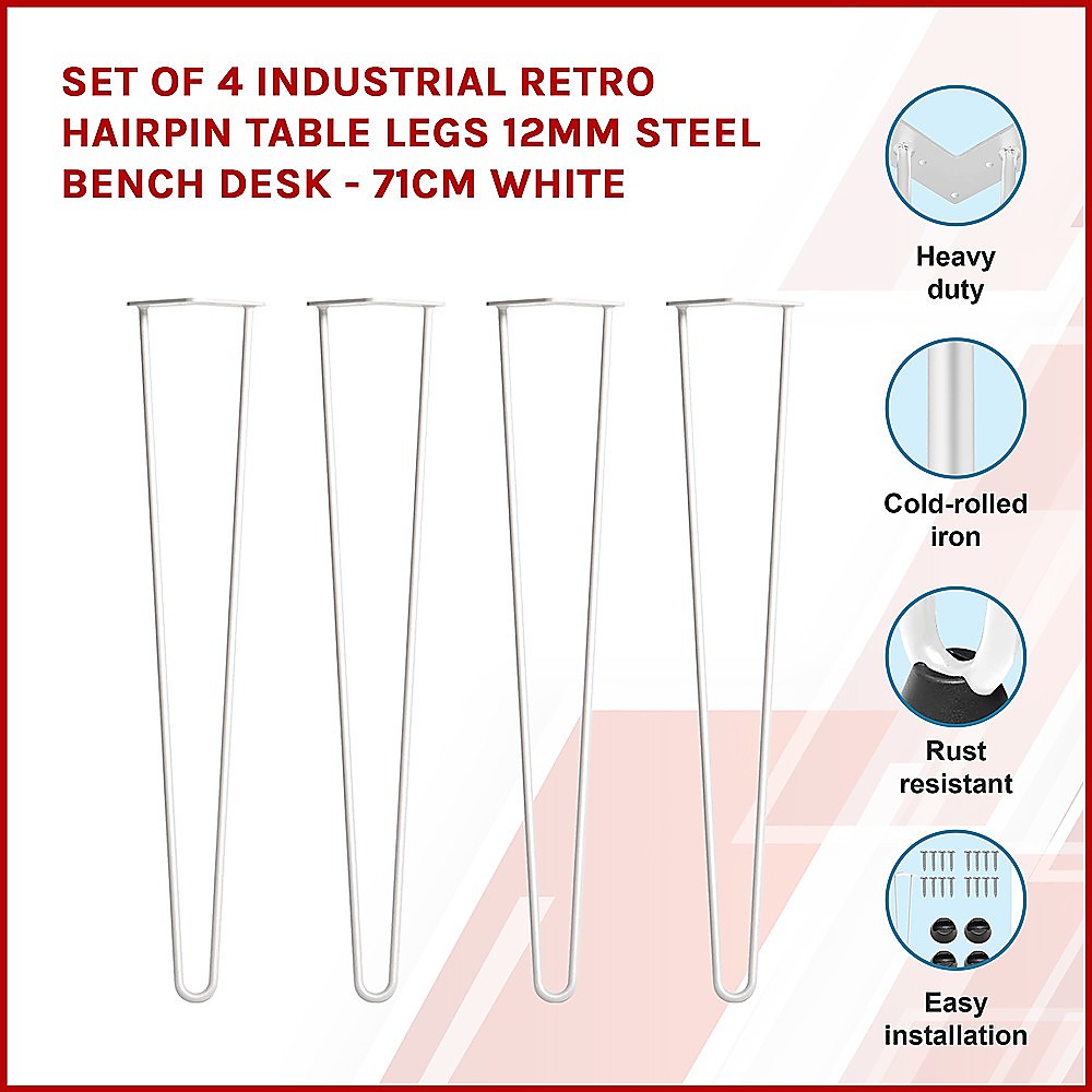 Set of 4 Industrial Retro Hairpin Table Legs | 12mm Steel Bench Desk | 71cm | White