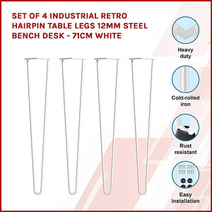 Set of 4 Industrial Retro Hairpin Table Legs | 12mm Steel Bench Desk | 71cm | White