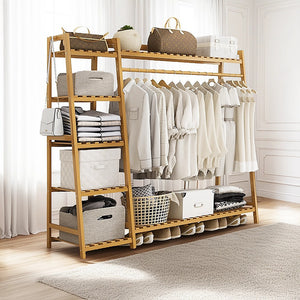 Portable Clothes Rack Coat Garment Stand Bamboo Rail Hanger Airer Closet