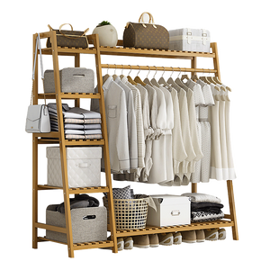 Portable Clothes Rack Coat Garment Stand Bamboo Rail Hanger Airer Closet