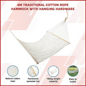 Cotton Rope Hammock | 4m | With Hanging Hardware | Traditional Style