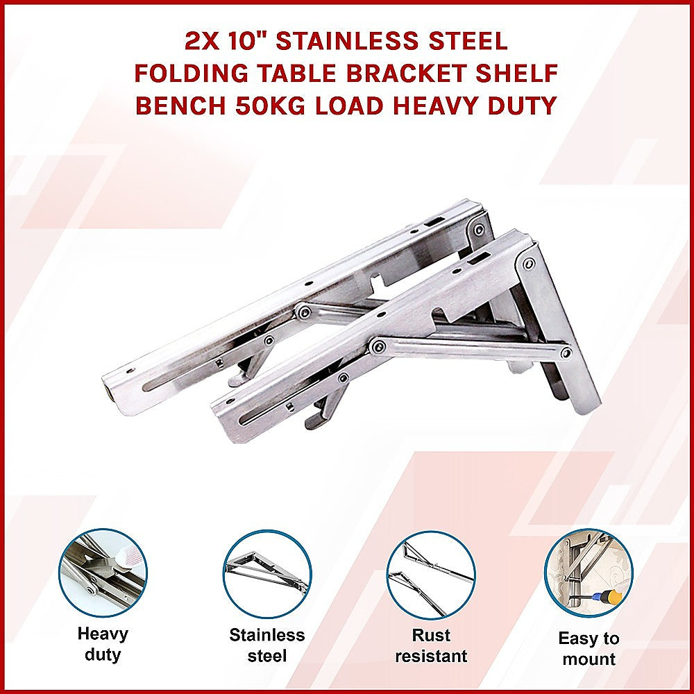 2x 10" Stainless Steel Folding Table Bracket Shelf | 50kg Load | Heavy Duty