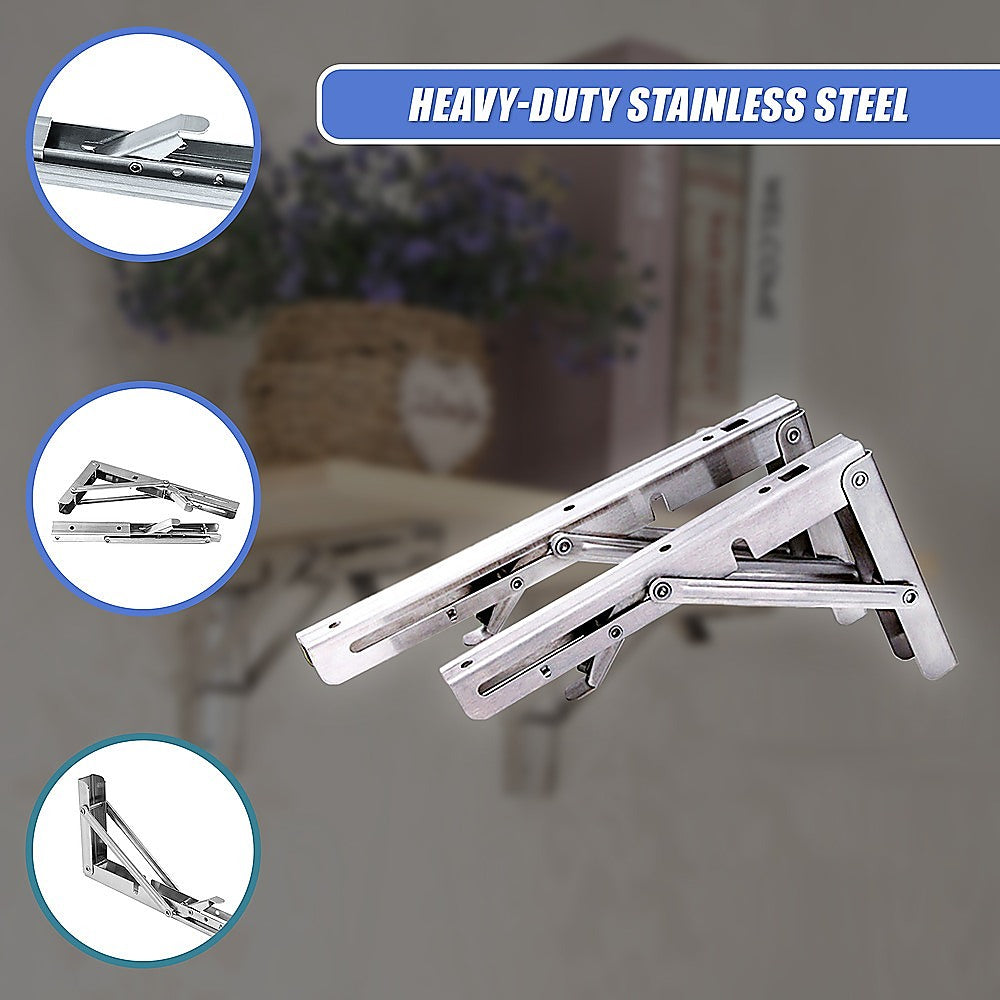 2x 10" Stainless Steel Folding Table Bracket Shelf | 50kg Load | Heavy Duty