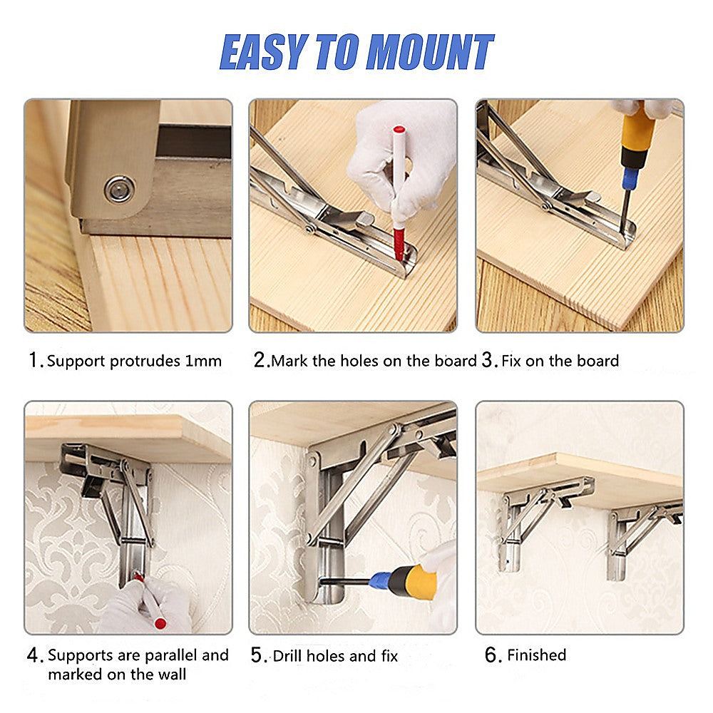 2x 10" Stainless Steel Folding Table Bracket Shelf | 50kg Load | Heavy Duty