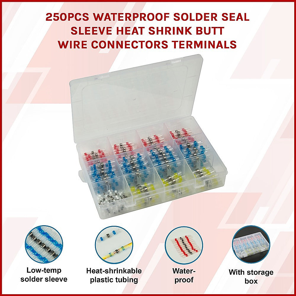 Waterproof Solder Seal Sleeve | 250-Piece | Heat Shrink Butt Wire Connectors Terminals