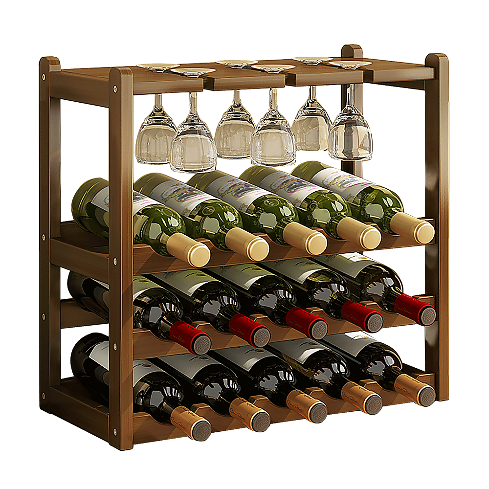 Bamboo Wine Rack | Free Standing | 15 Bottles with 6 Glasses Holder Storage | Dark Brown