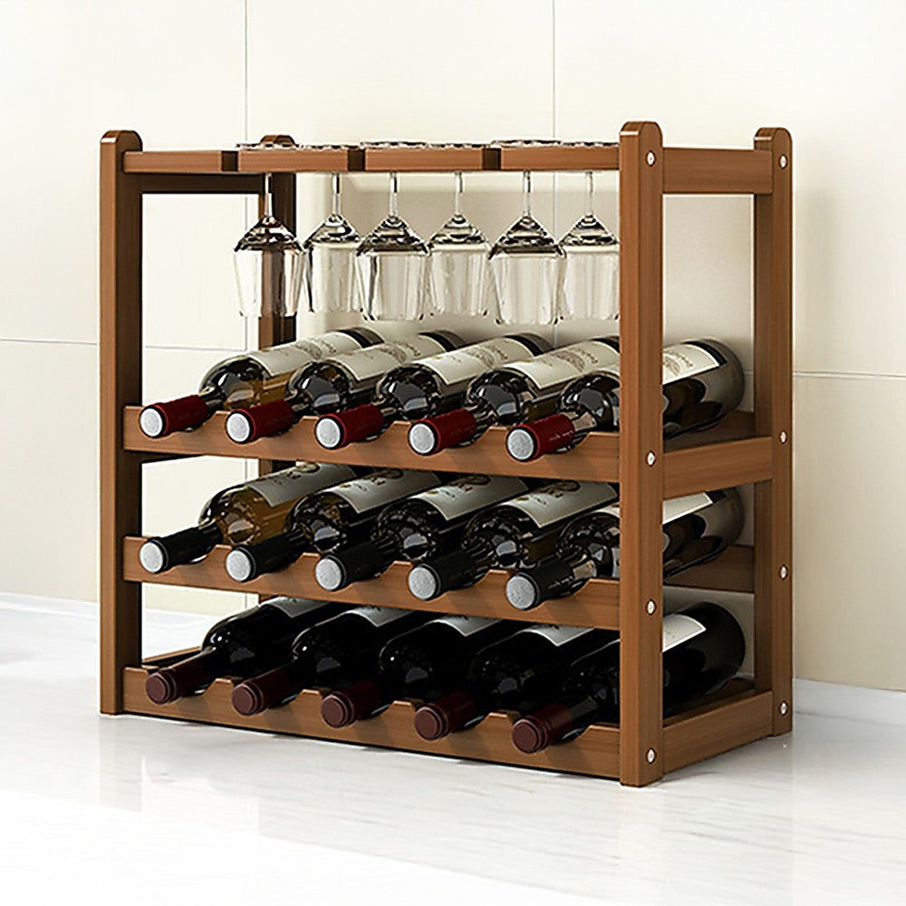 Bamboo Wine Rack | Free Standing | 15 Bottles with 6 Glasses Holder Storage | Dark Brown