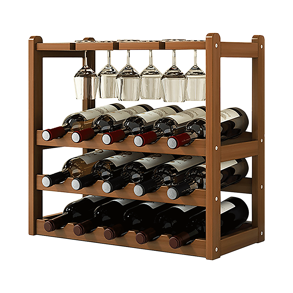 Bamboo Wine Rack | Free Standing | 15 Bottles with 6 Glasses Holder Storage | Dark Brown