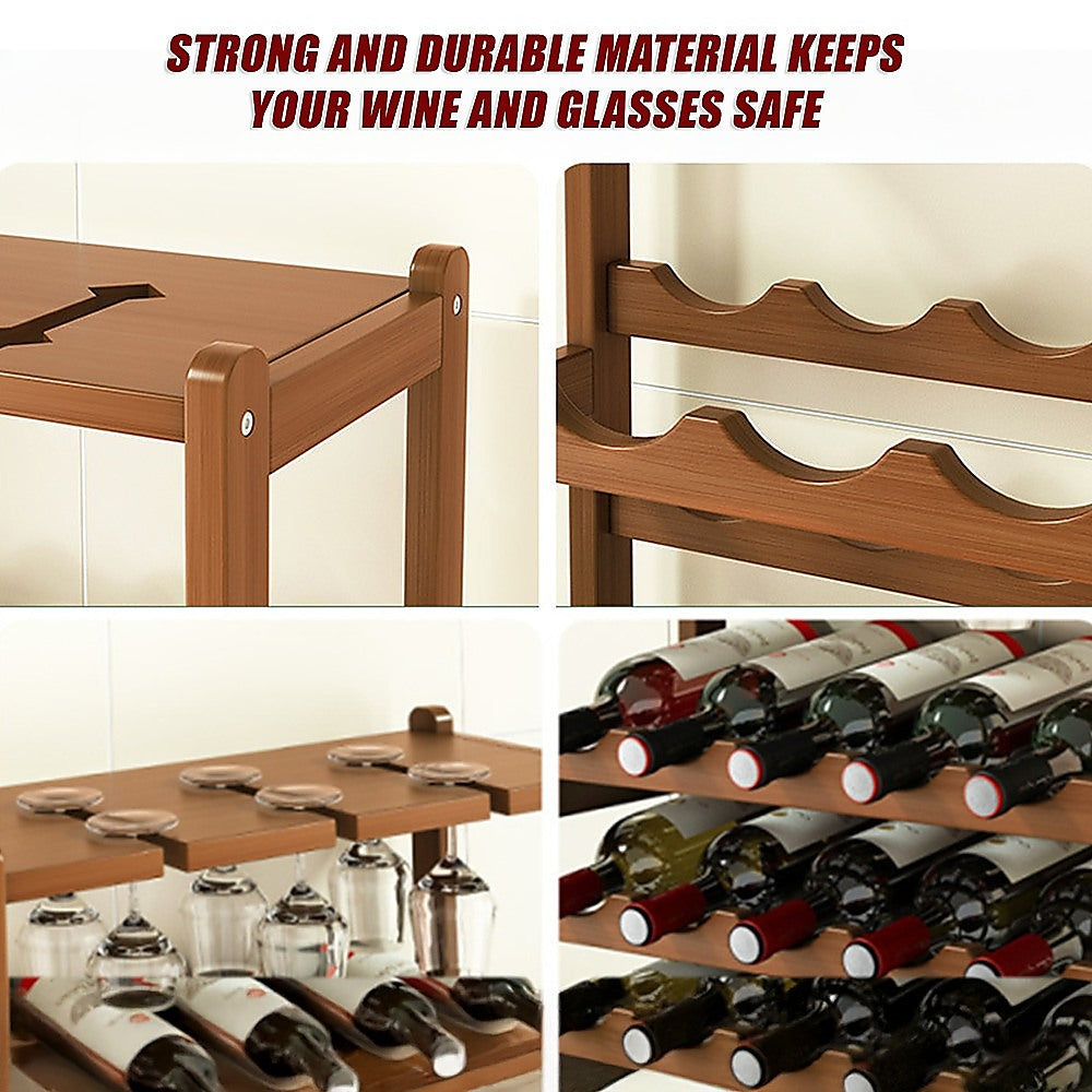 Bamboo Wine Rack | Free Standing | 15 Bottles with 6 Glasses Holder Storage | Dark Brown