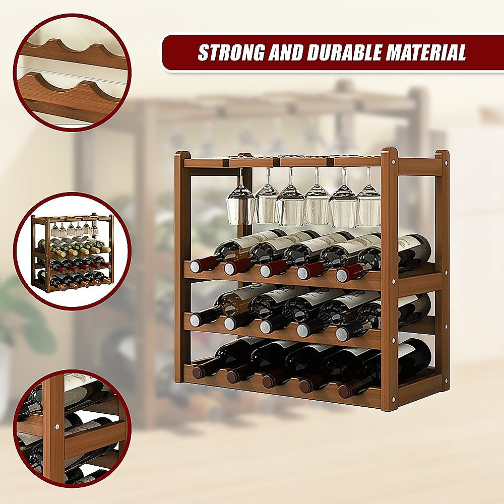 Bamboo Wine Rack | Free Standing | 15 Bottles with 6 Glasses Holder Storage | Dark Brown