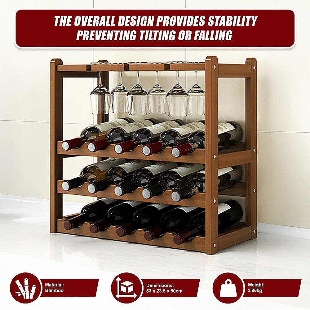 Bamboo Wine Rack | Free Standing | 15 Bottles with 6 Glasses Holder Storage | Dark Brown