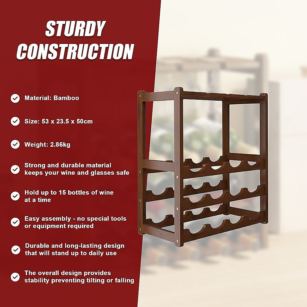 Bamboo Wine Rack | Free Standing | 15 Bottles with 6 Glasses Holder Storage | Dark Brown