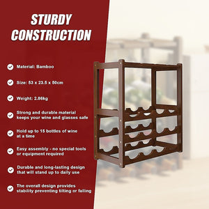 Bamboo Wine Rack | Free Standing | 15 Bottles with 6 Glasses Holder Storage | Dark Brown
