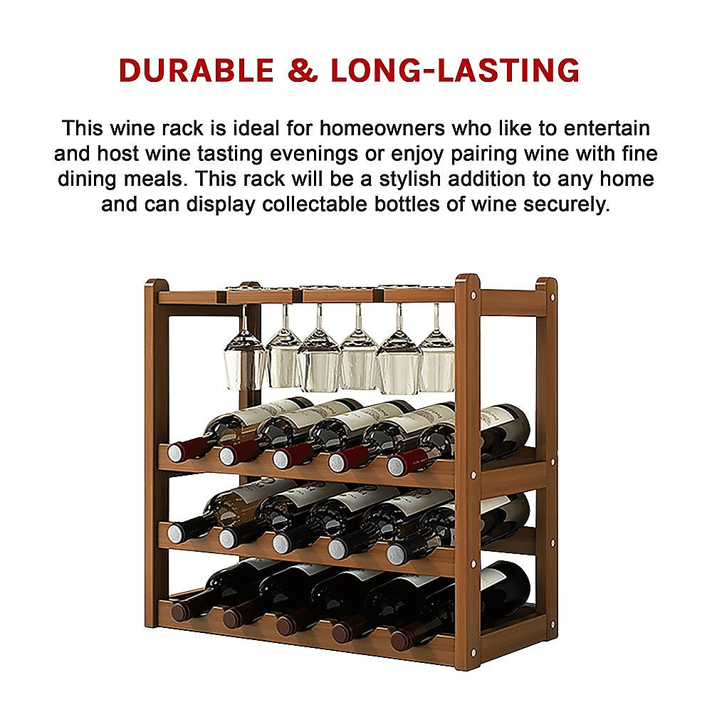 Bamboo Wine Rack | Free Standing | 15 Bottles with 6 Glasses Holder Storage | Dark Brown