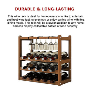 Bamboo Wine Rack | Free Standing | 15 Bottles with 6 Glasses Holder Storage | Dark Brown