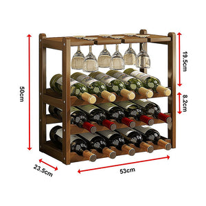 Bamboo Wine Rack | Free Standing | 15 Bottles with 6 Glasses Holder Storage | Dark Brown