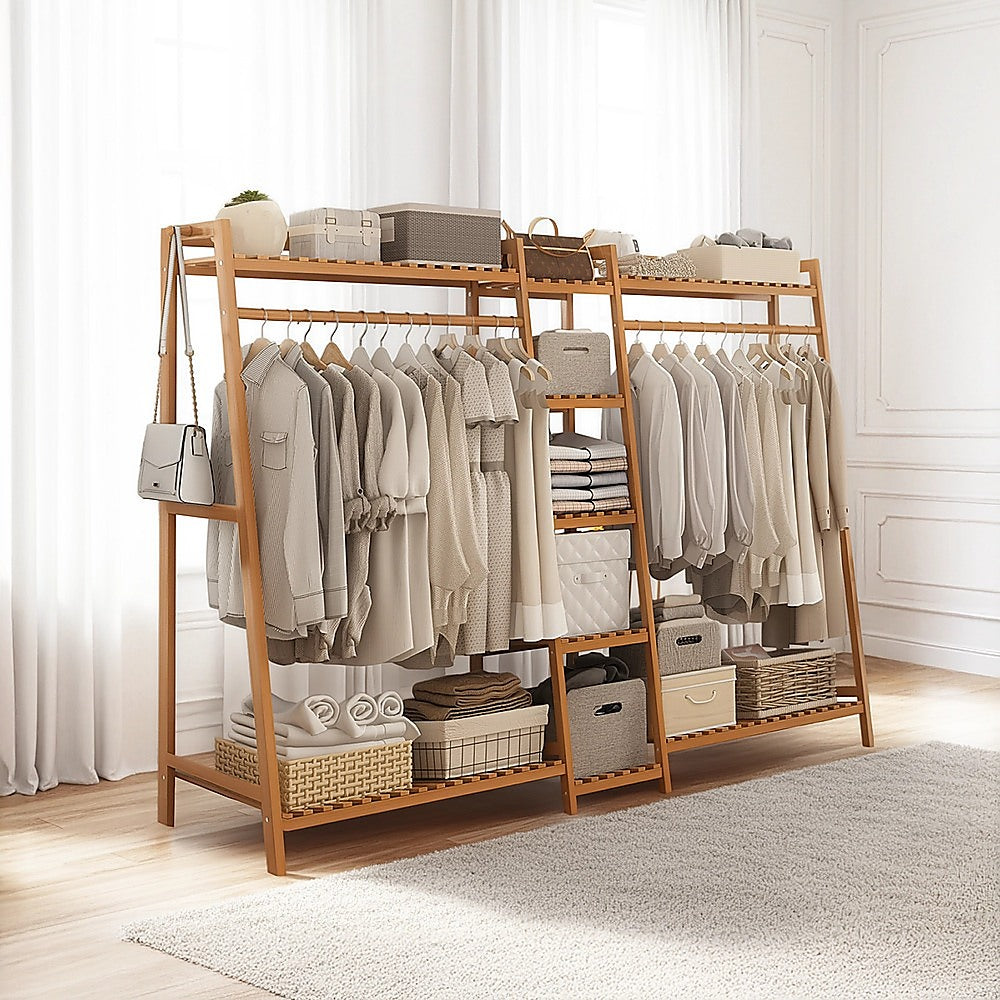 Portable Clothes Rack Coat Garment Stand | Bamboo Rail Hanger | Airer Closet | 2nd Variant