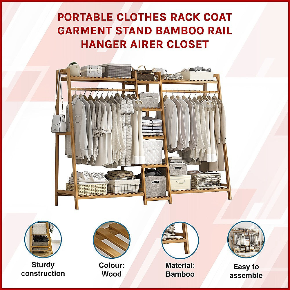 Portable Clothes Rack Coat Garment Stand | Bamboo Rail Hanger | Airer Closet | 2nd Variant