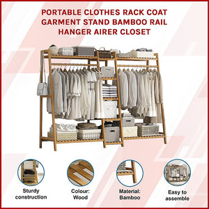 Portable Clothes Rack Coat Garment Stand | Bamboo Rail Hanger | Airer Closet | 2nd Variant