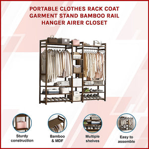Portable Clothes Rack Coat Garment Stand | Bamboo Rail Hanger | Airer Closet