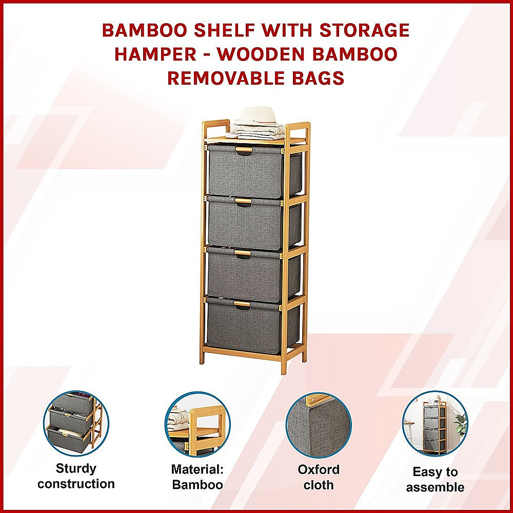 Bamboo Shelf with Storage Hamper | Wooden Bamboo Removable Bags