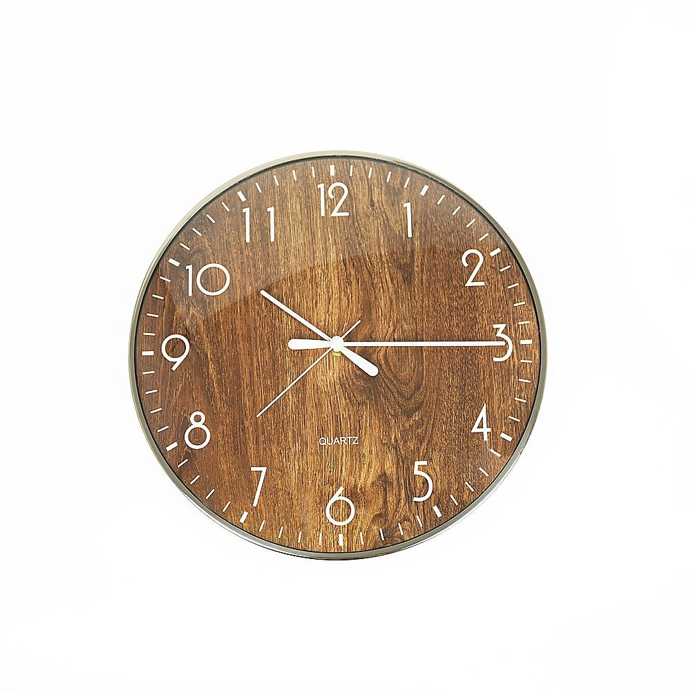 14-inch Round Wall Clock | Silent Non-Ticking | Quartz Battery Operated | Wood Grain