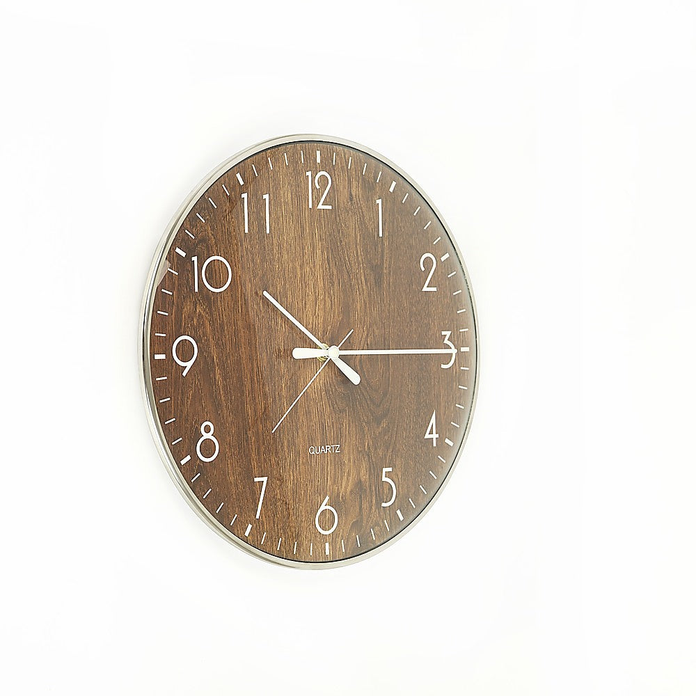 14-inch Round Wall Clock | Silent Non-Ticking | Quartz Battery Operated | Wood Grain