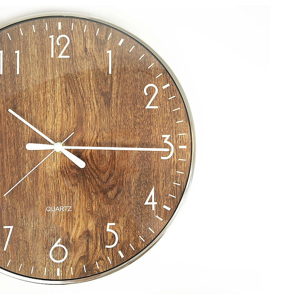 14-inch Round Wall Clock | Silent Non-Ticking | Quartz Battery Operated | Wood Grain