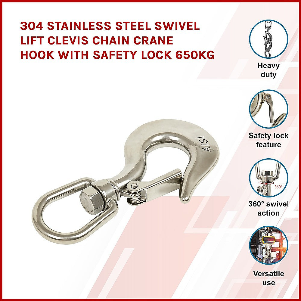 Stainless Steel Swivel Clevis Chain Hook | 304 Grade | 650KG Capacity | Safety Lock