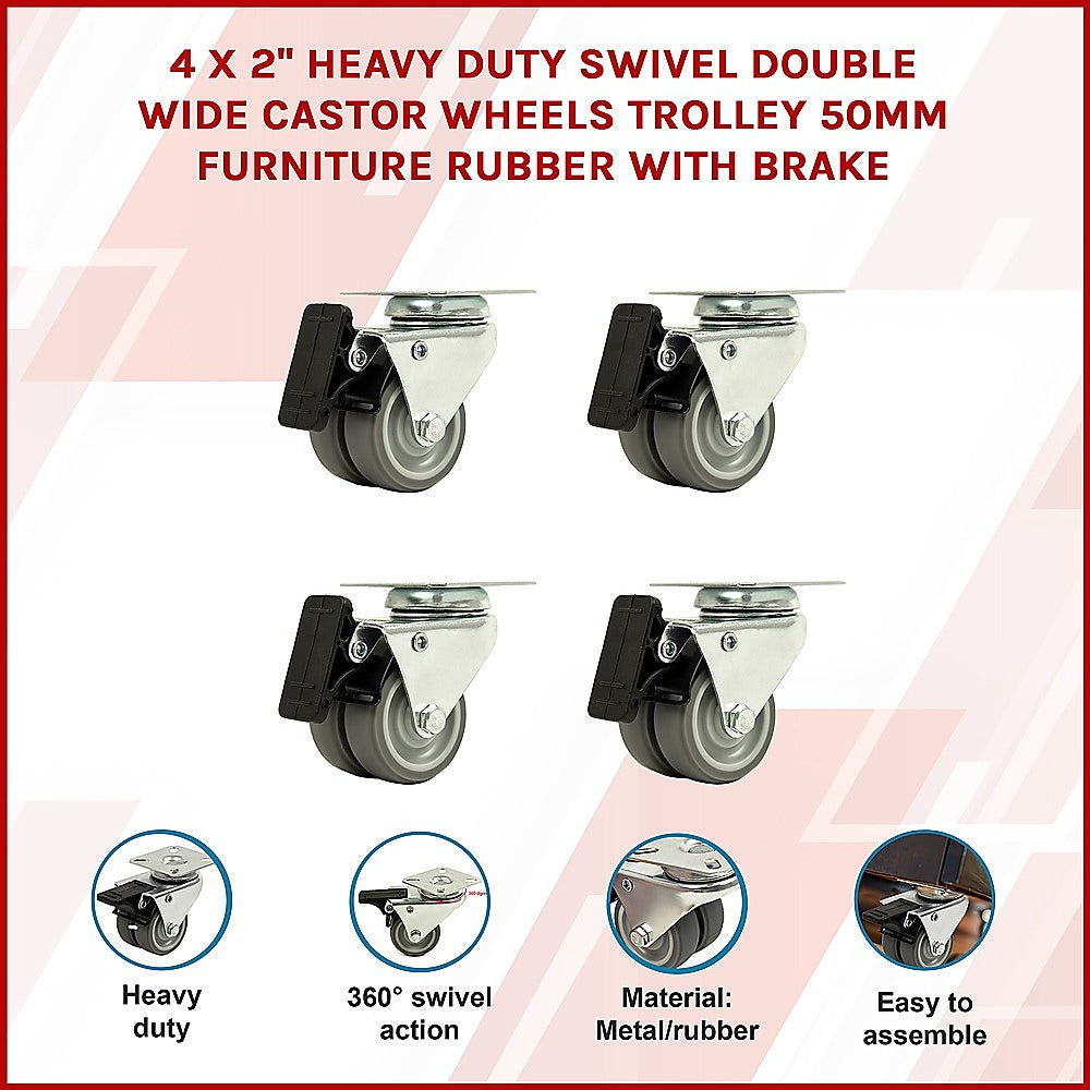 Heavy Duty Castor Wheels | 4-Pack | 2" Swivel Double Wide | 50mm Rubber with Brake