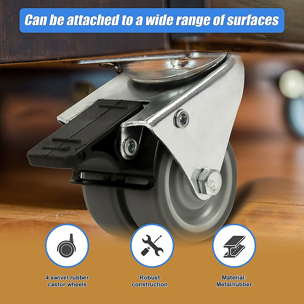 Heavy Duty Castor Wheels | 4-Pack | 2" Swivel Double Wide | 50mm Rubber with Brake