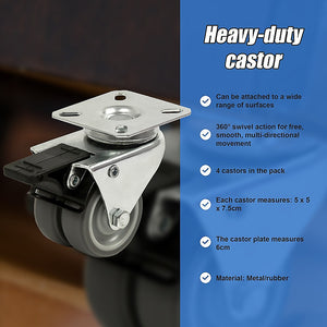 Heavy Duty Castor Wheels | 4-Pack | 2" Swivel Double Wide | 50mm Rubber with Brake