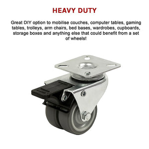 Heavy Duty Castor Wheels | 4-Pack | 2" Swivel Double Wide | 50mm Rubber with Brake