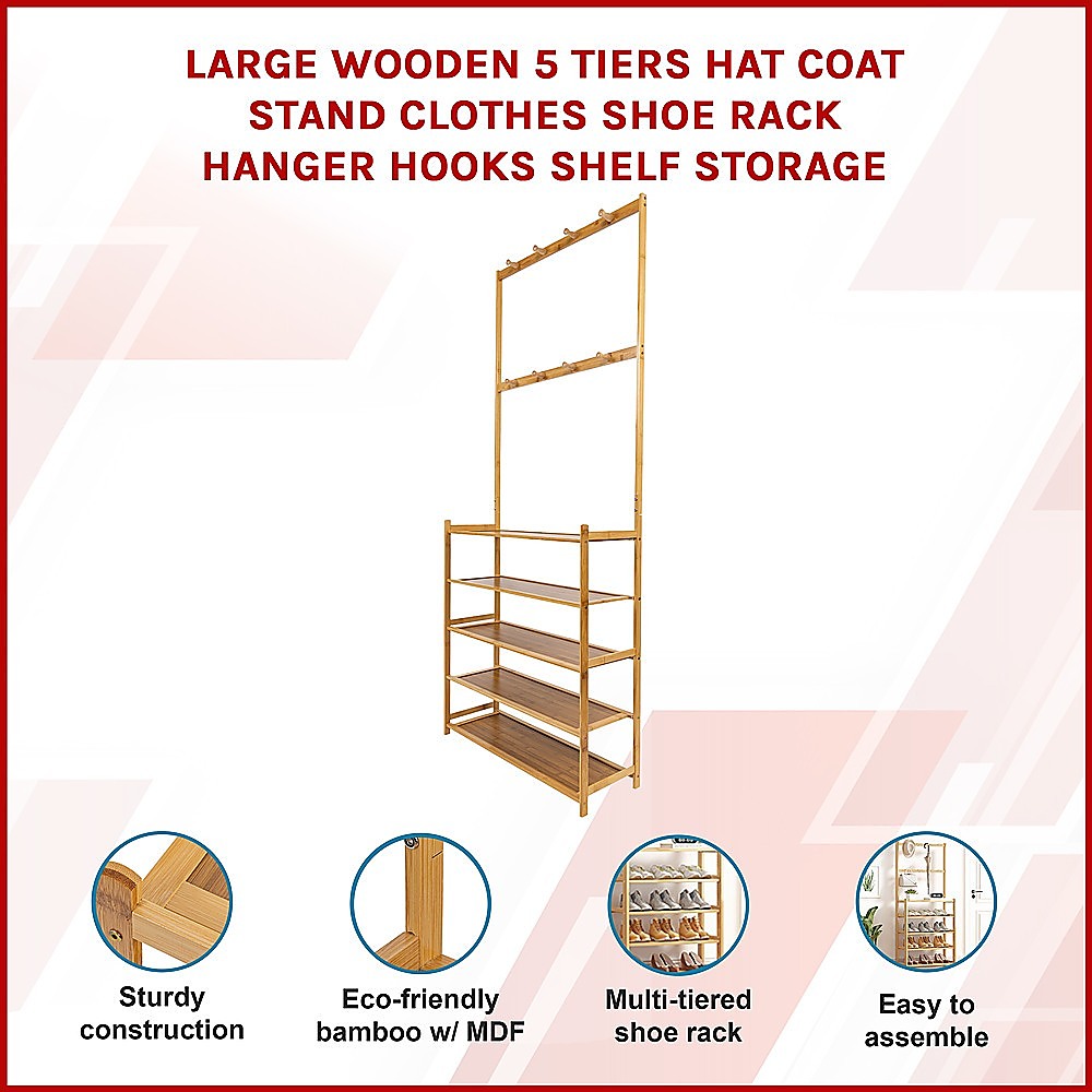 Large Wooden 5 Tiers Hat Coat Stand | Clothes Shoe Rack | Hanger Hooks Shelf Storage