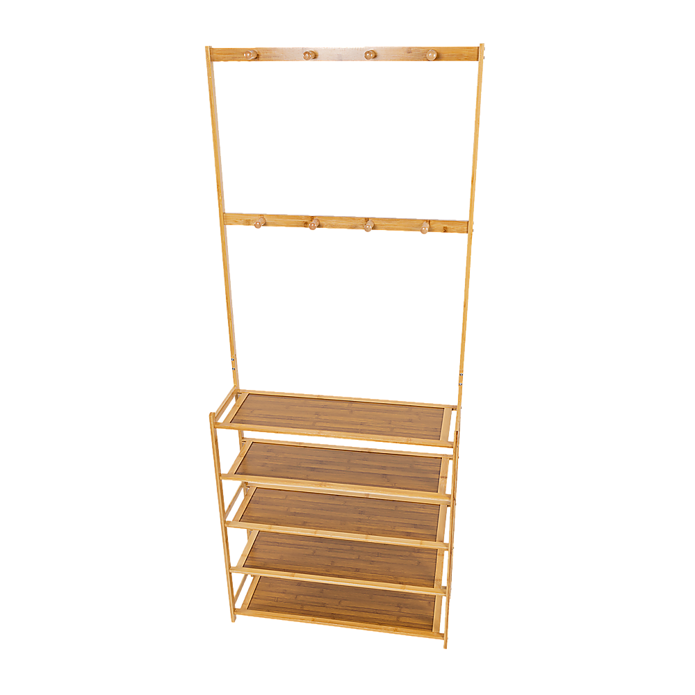 Large Wooden 5 Tiers Hat Coat Stand | Clothes Shoe Rack | Hanger Hooks Shelf Storage