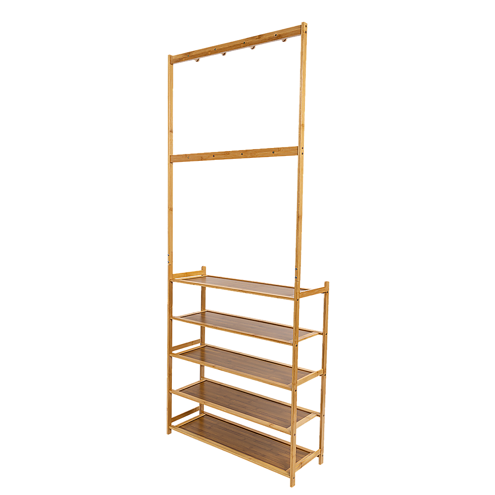 Large Wooden 5 Tiers Hat Coat Stand | Clothes Shoe Rack | Hanger Hooks Shelf Storage