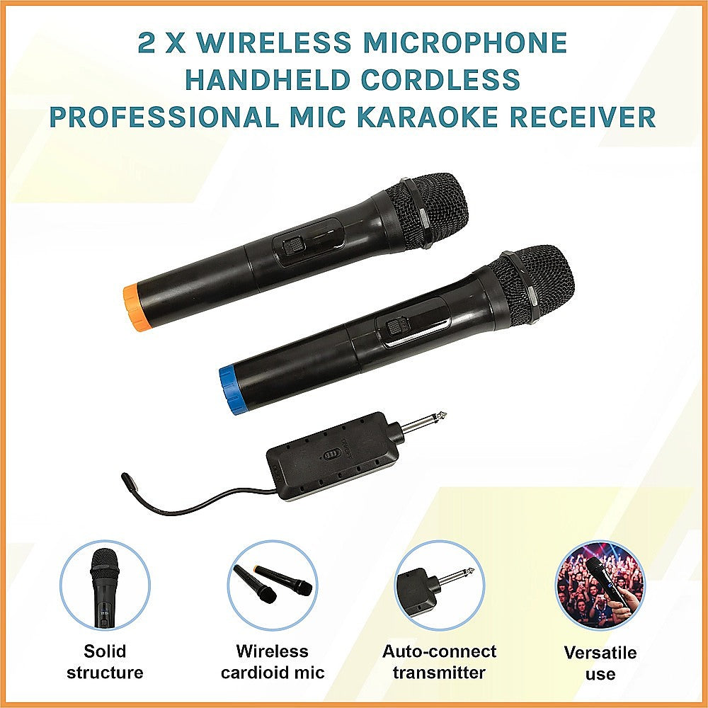 2x Wireless Microphone | Handheld Cordless Professional Mic for Karaoke & Events
