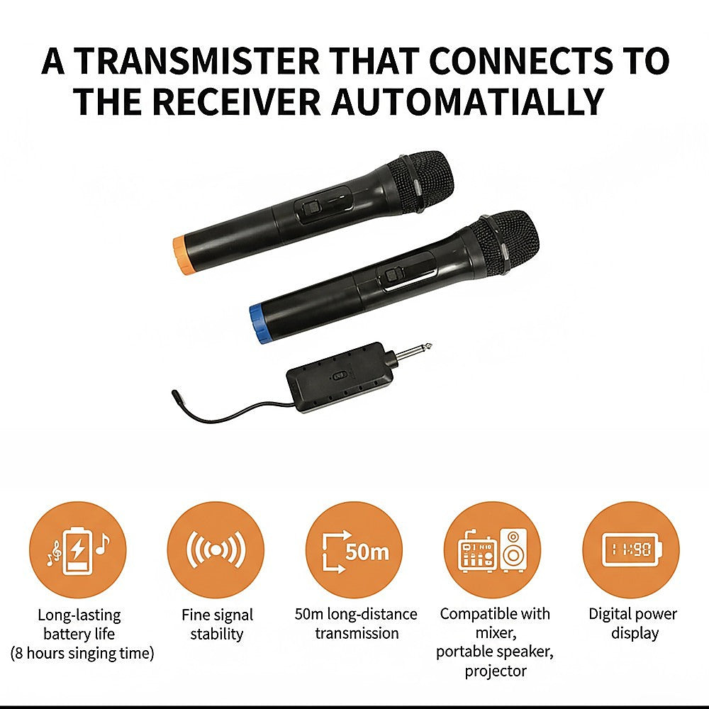 2x Wireless Microphone | Handheld Cordless Professional Mic for Karaoke & Events