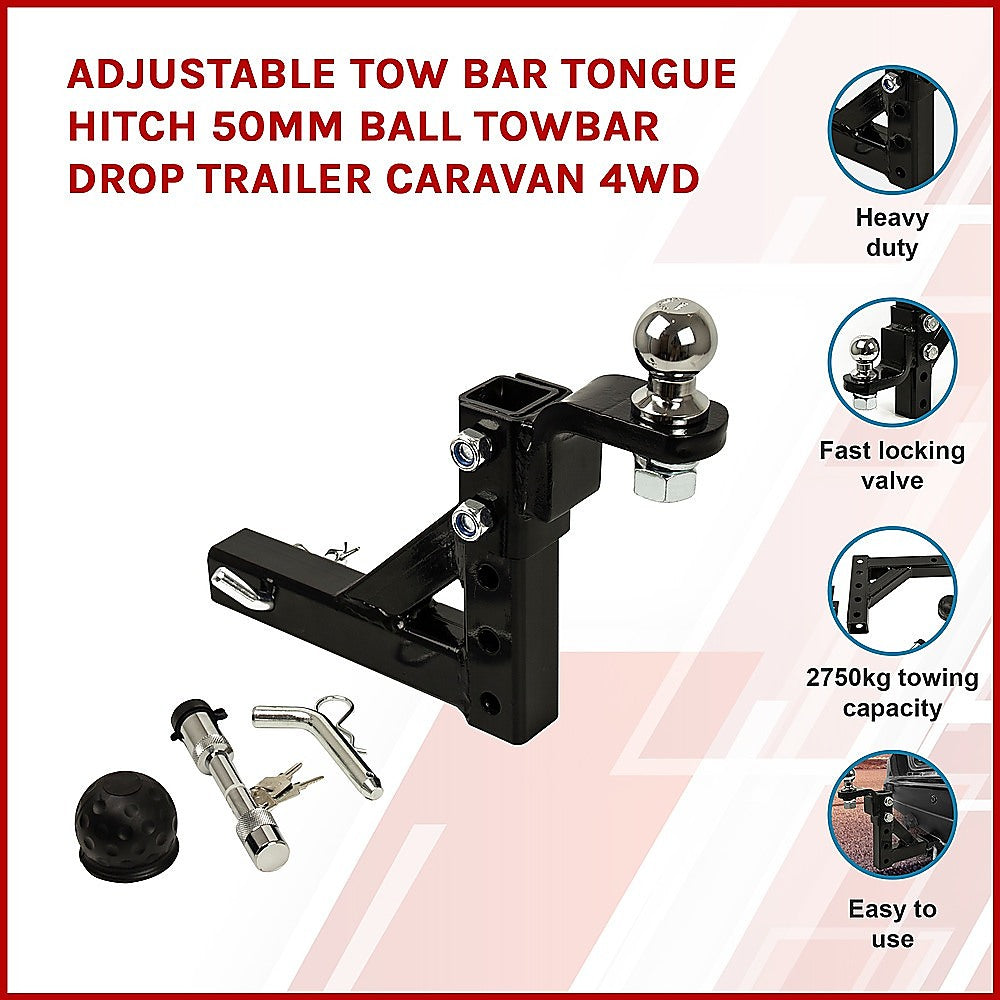 Adjustable Tow Bar Tongue Hitch | 50mm Ball | Drop Trailer for Caravan & 4WD