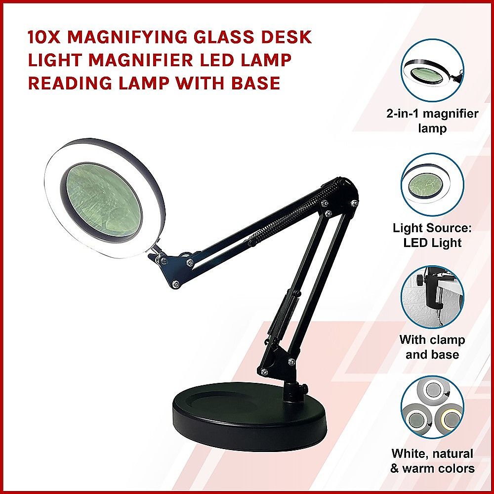 10X Magnifying Glass Desk Light Magnifier | LED Lamp with Base for Reading & Close Work